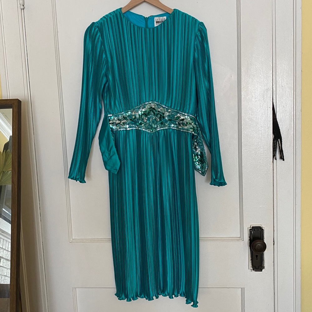 Vintage Turquoise Plisse Dress w/ Sequined Belt